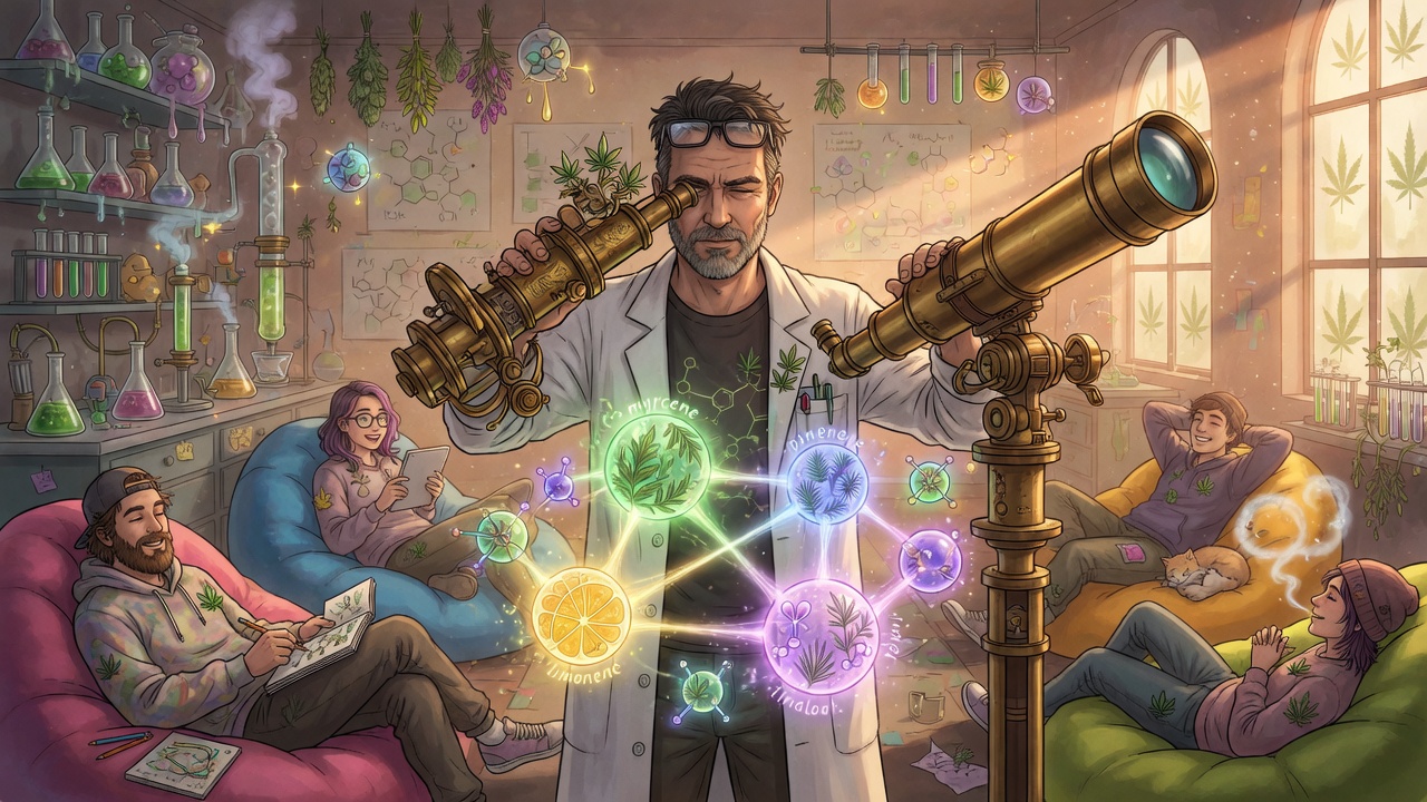 Illustrated lab: a chemist holds a brass scope over a glowing cluster of myrcene, pinene, limonene, and linalool while people lounge on beanbags