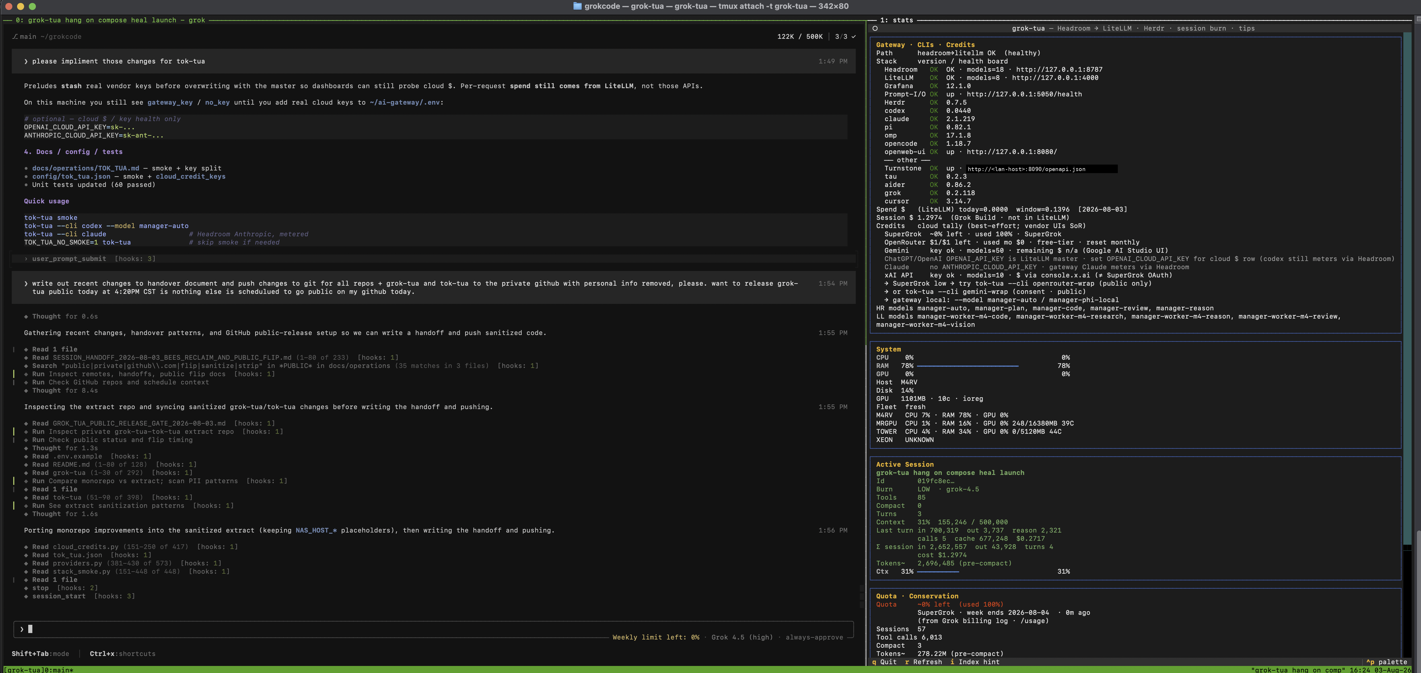grok-tua dual-pane: Grok CLI left, stack and spend right