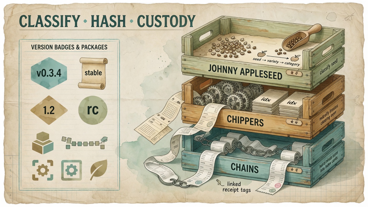 Watercolor crates: Johnny Appleseed seeds, CHIPPERS gears and index cards, CHAINS receipts on a chain