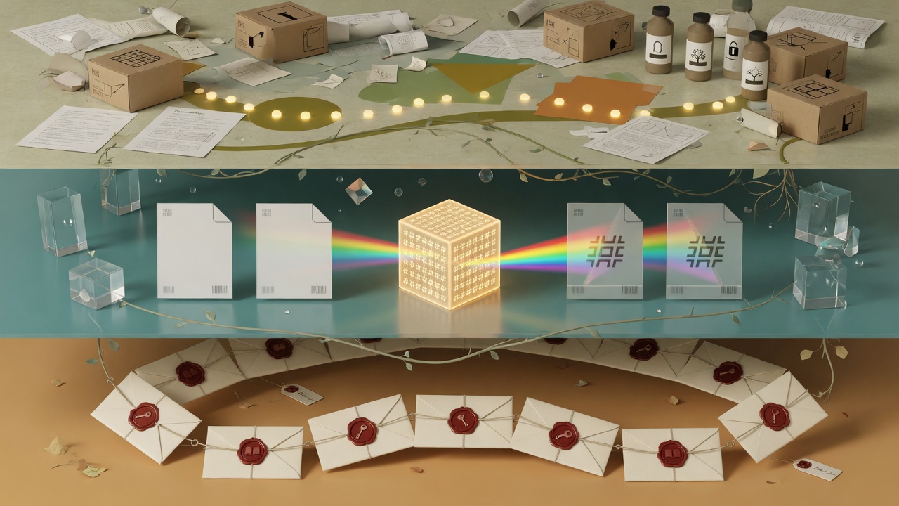 Three bands: classified papers and boxes, a glowing hash cube splitting identical files, wax-sealed custody envelopes
